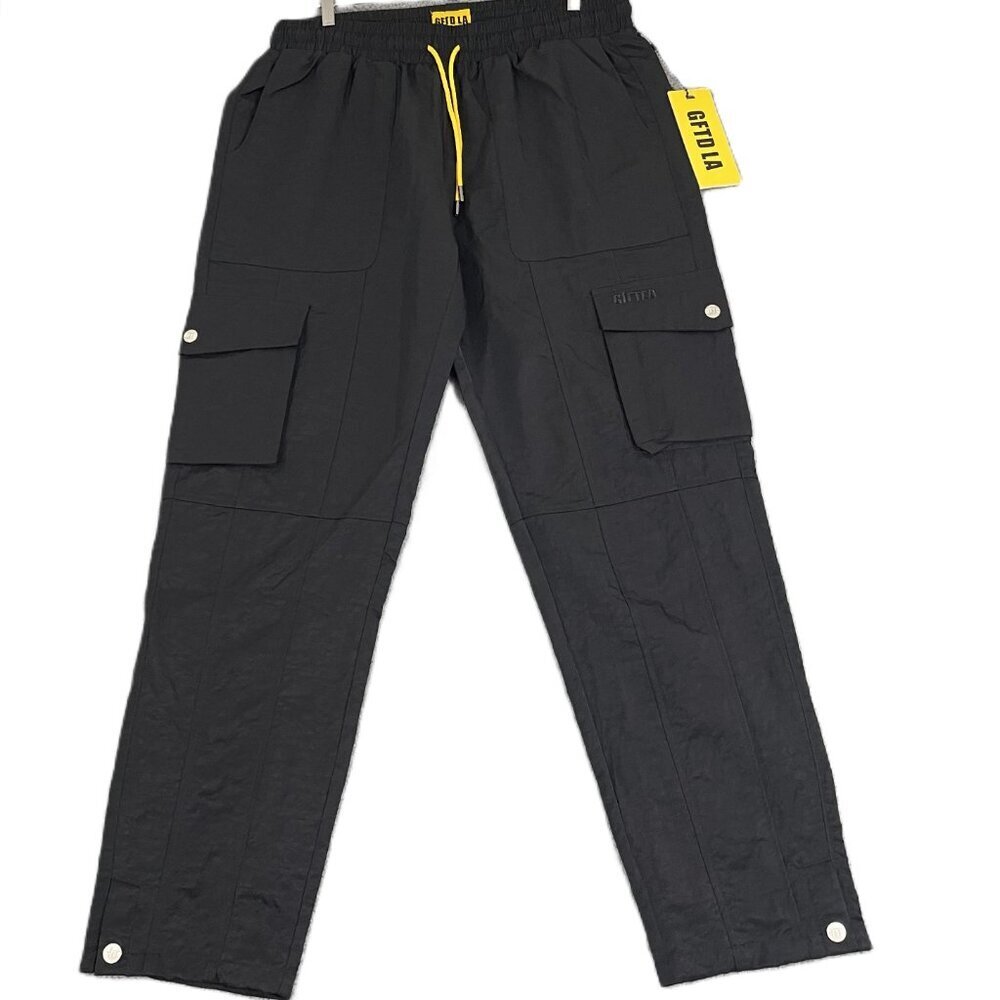 GFTD LA Pants Men 2XL Black Pull On Drawstring Nylon Cargos - Picture 2 of 12
